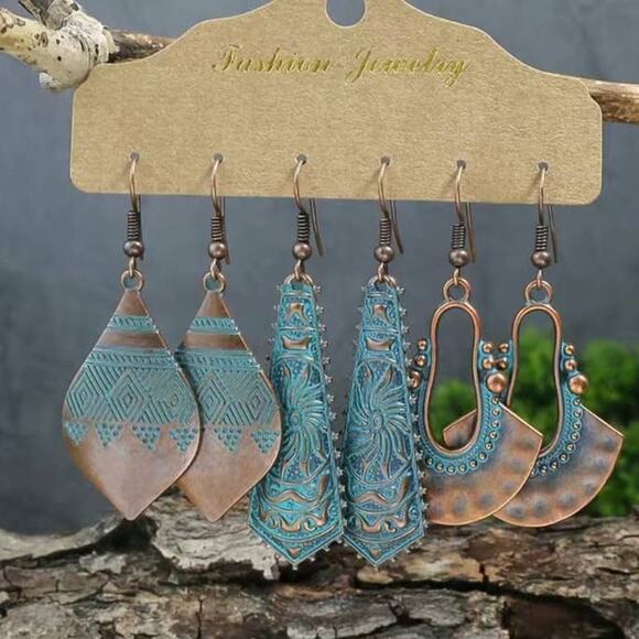 Ancient Green Teal & Bronze Vintage Pendant Earrings Folklore Drop Dangle 3 Pair - Picture 1 of 7